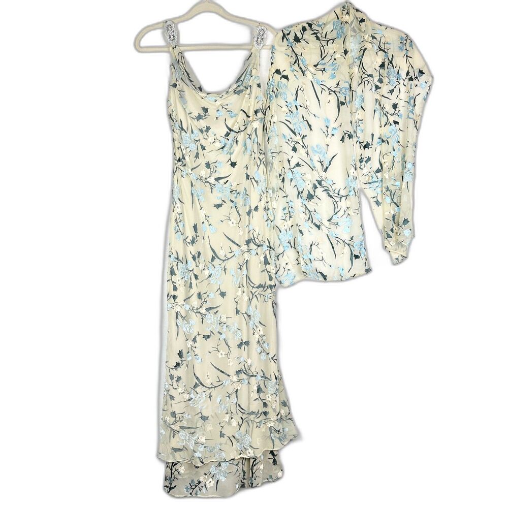 VTG KM Collections 90s Y2K Floral Velvet Burnout Silk Dress & Wrap Size 12